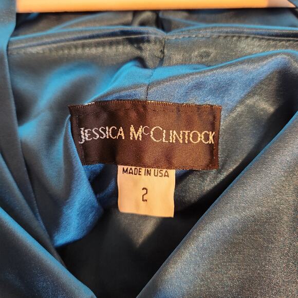 Jessica McClintock Y2K Teal Satin Halter Ruffle Drop Waist Mini Homecoming Dress - Picture 6 of 10